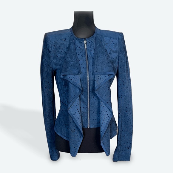 BCBGMAXAZRIA 'Eliot' Perforated Faux Suede Ruffle Lapel Jacket (Navy) Small $298 - Picture 2 of 7